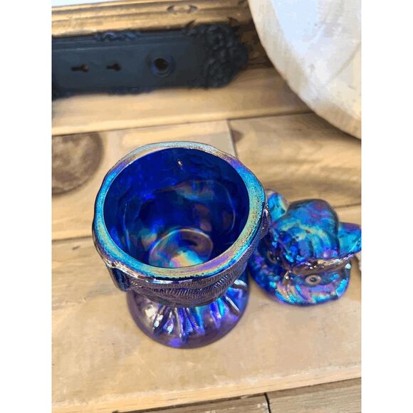 Vintage Owl Toby Jar Cobalt Blue Carnival Glass Imperial Glass Mould by Mosser G - Picture 5 of 7